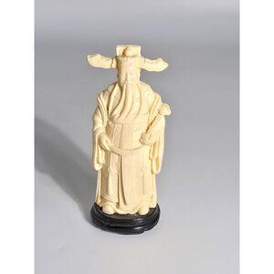 Antique Chinese Inspired Ivory Colored Resin Wise Man Figurine On Black Base